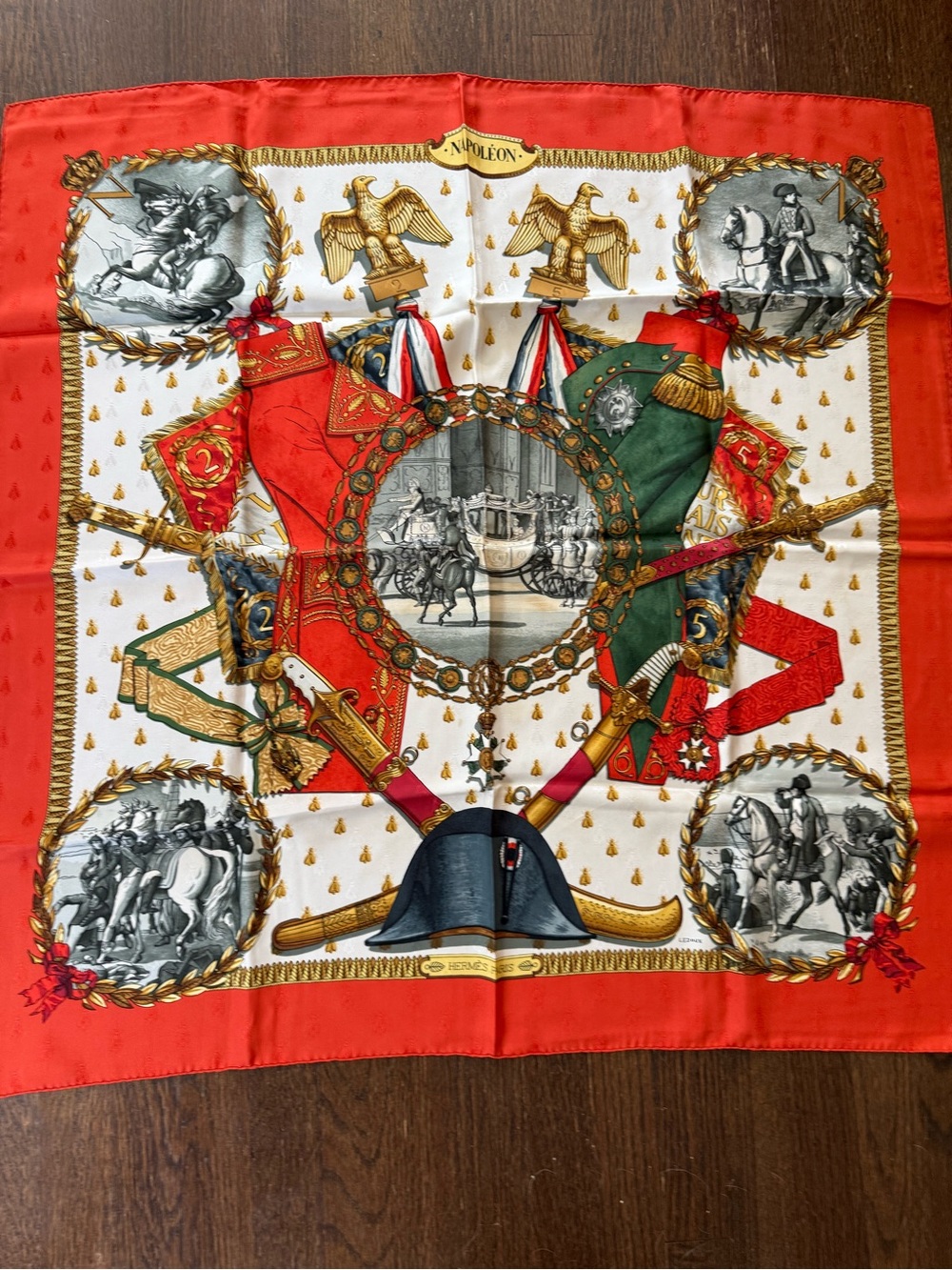Hermes Red, Green and Gold Napoleon Motif Silk Scarf